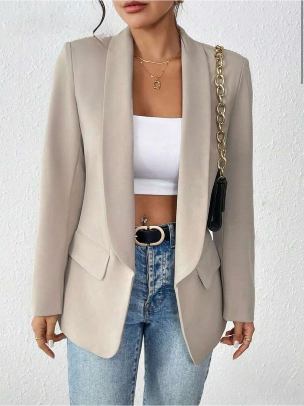 SHEIN Raffereza Plain Collar Blazer Beige Size M Chic Office Jacket